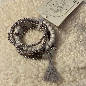 Silver and White spotted Beaded Bracelet Set with tassel by Lily Star 🌟